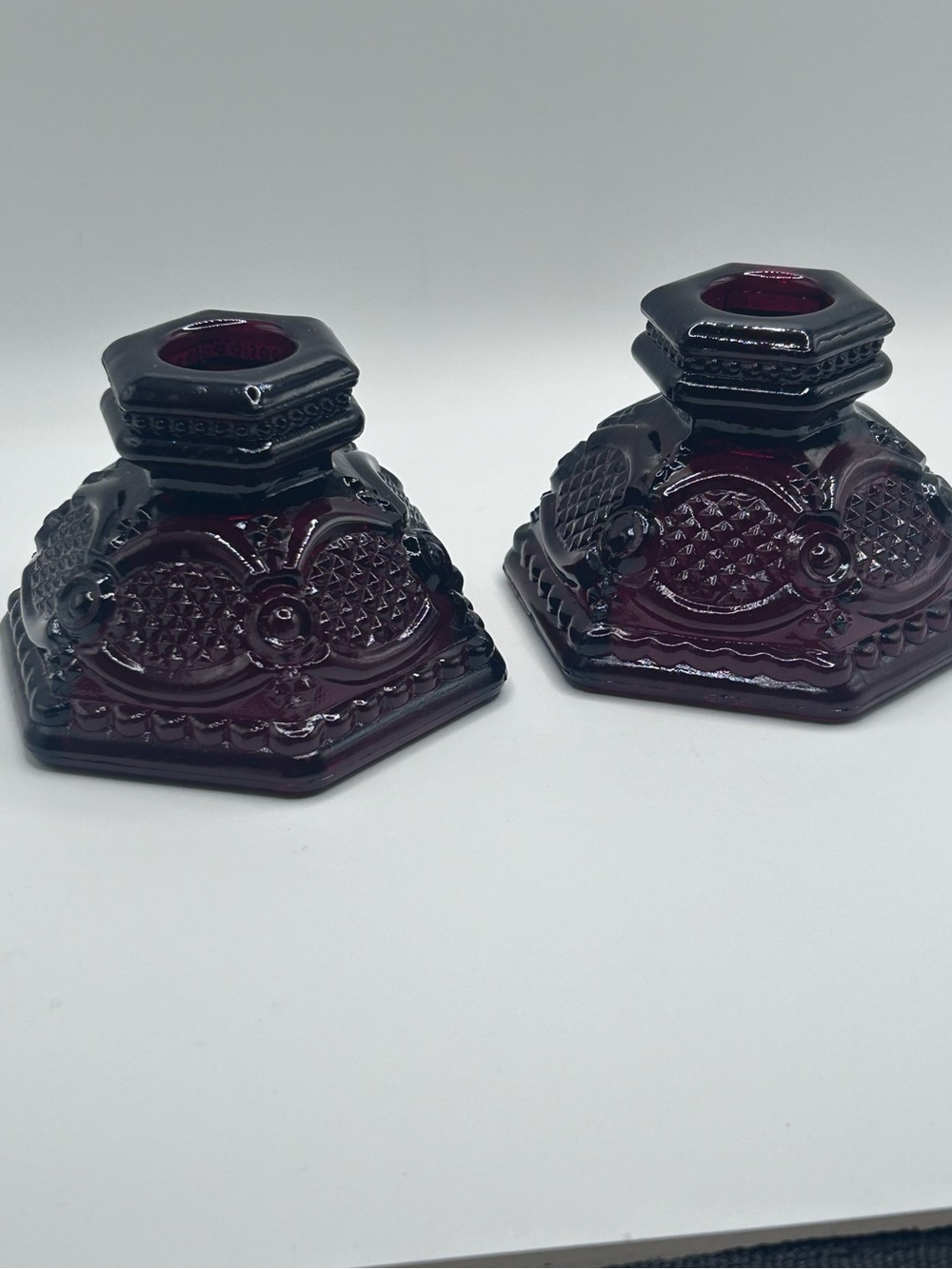 Vintage Avon 1876 Cape Cod Ruby Red Pressed Glass Candle Holders (Pair)